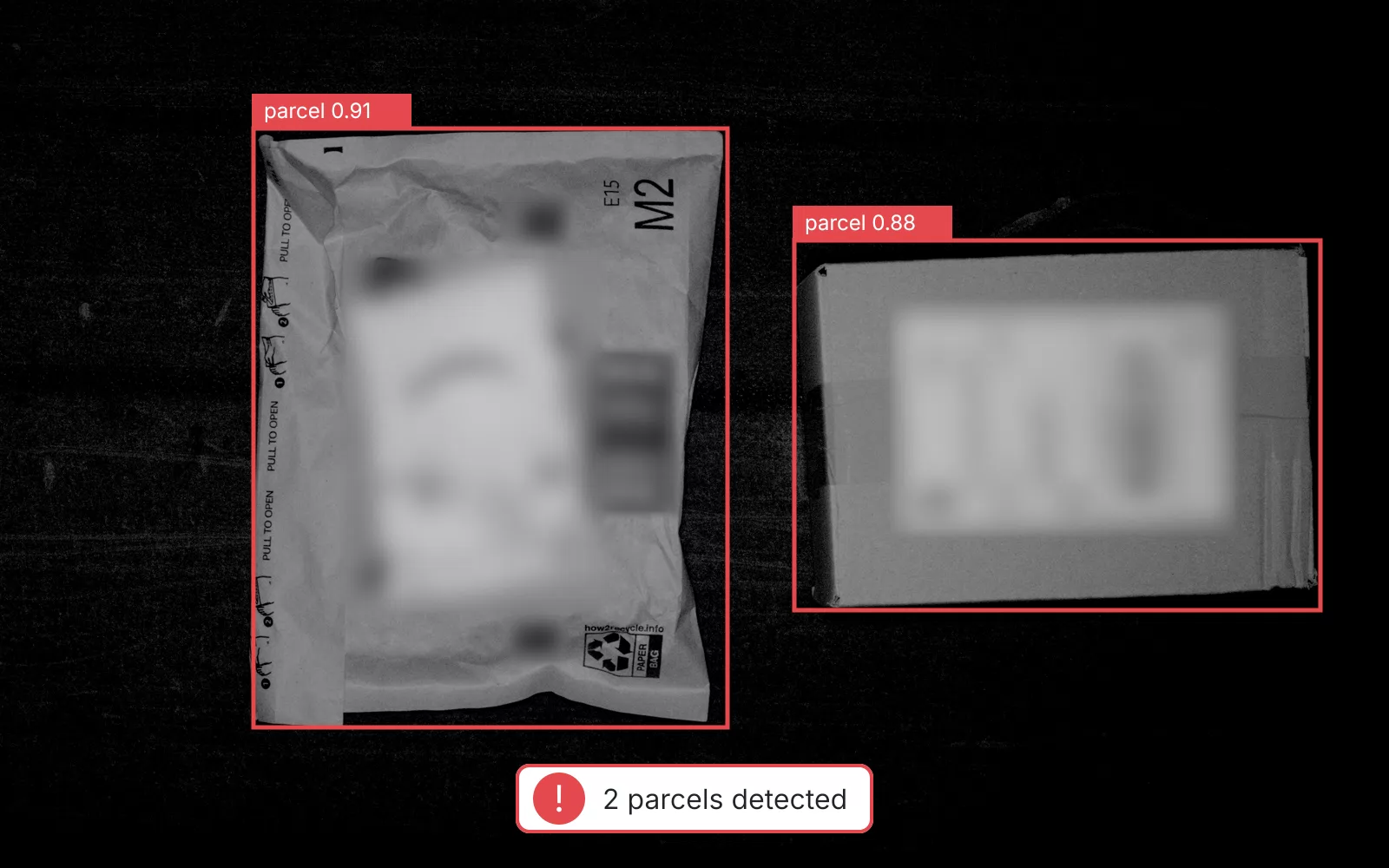 Conveyor camera frame with two detected parcels and a 2 parcels detected warning